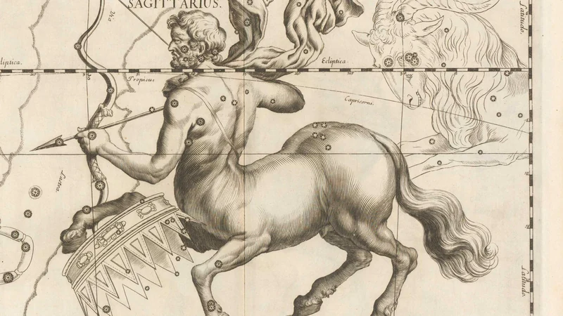 Black-and-white engraving from Hevelius's star atlas of 1690: a centaur drawing his bow.