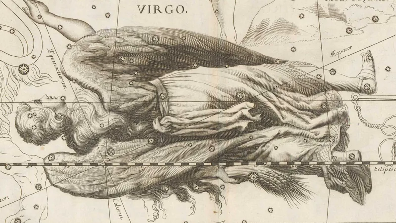 Black-and-white engraving from Hevelius's star atlas of 1690: a winged woman holding an ear of grain.