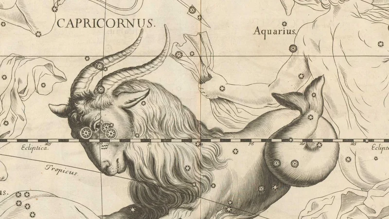 Black-and-white engraving from Hevelius's star atlas of 1690: a sea-goat with a fish's tail.
