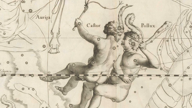 Black-and-white engraving from Hevelius's star atlas of 1690: two naked boys, Castor and Pollux.