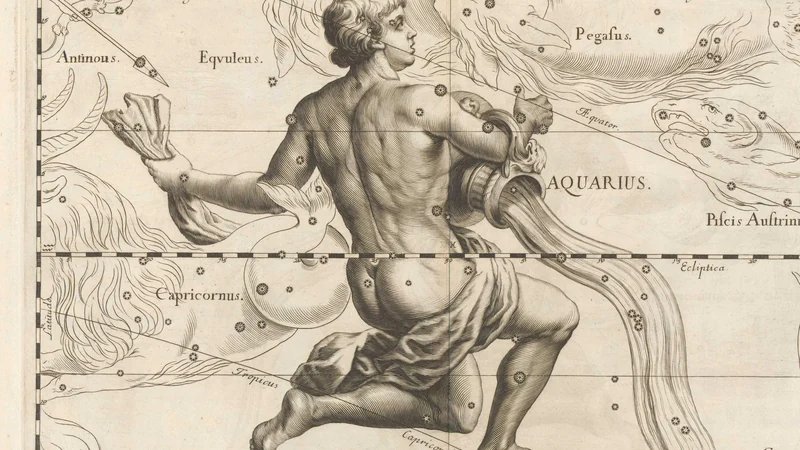 Black-and-white engraving from Hevelius's star atlas of 1690: a kneeling man with a water jar.