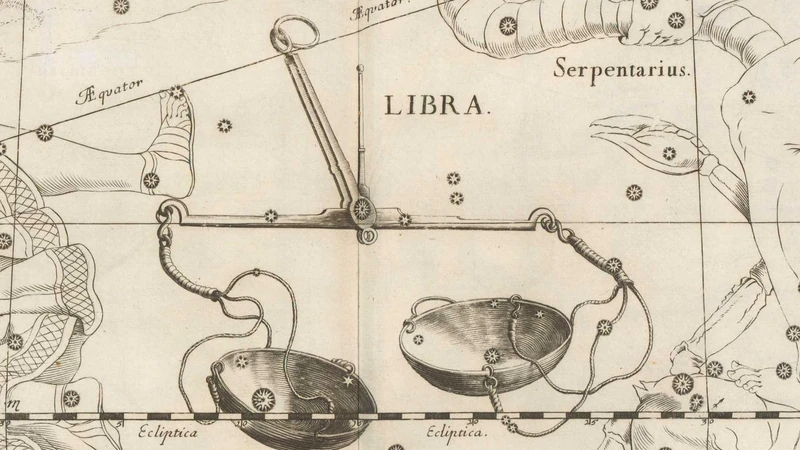 Black-and-white engraving from Hevelius's star atlas of 1690: a pair of scales.