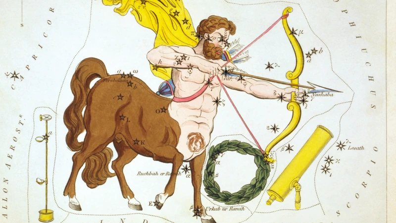 Hand-colored card from Urania's Mirror of 1825: a centaur with a bow, a wreath and a telescope.