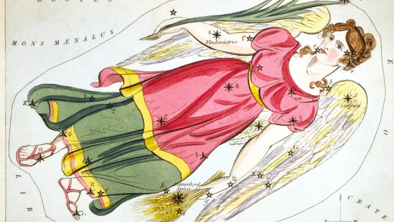 Hand-colored card from Urania's Mirror of 1825: a winged woman holding an ear of grain.