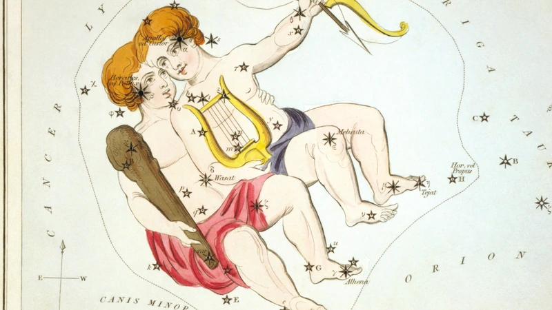 Hand-colored card from Urania's Mirror of 1825: two boys with a club, a lyre and a bow.