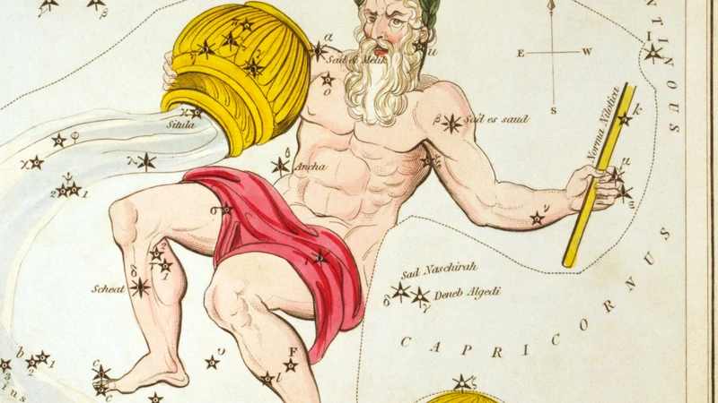 Hand-colored card from Urania's Mirror of 1825: a bearded man with a water jar.
