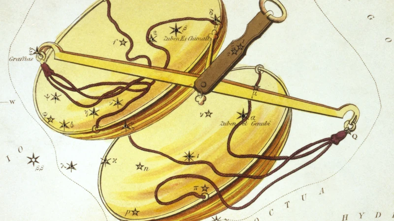 Hand-colored card from Urania's Mirror of 1825: a golden pair of scales.