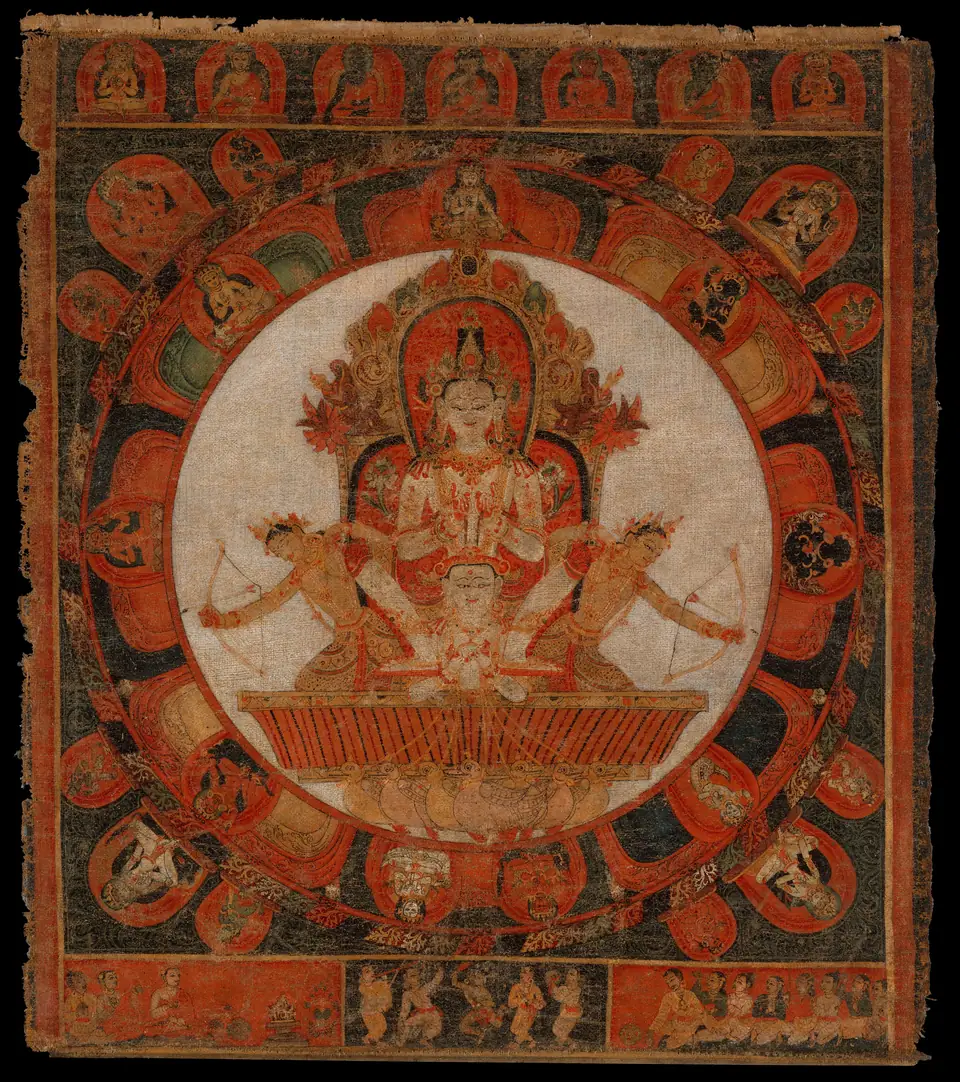 Gemaltes Mandala: der Mondgott Chandra sitzt in der Mitte in einem weißen Kreis, umgeben von Ringen kleiner Figuren in Rot und Orange