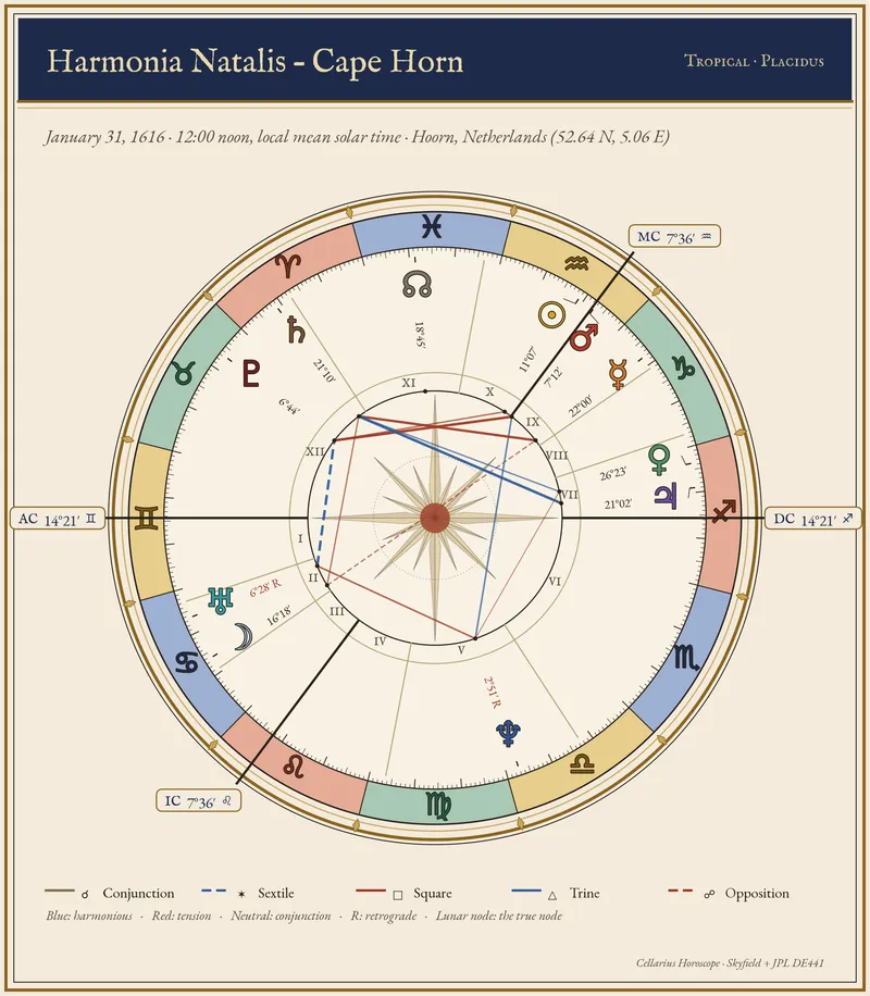 Birth chart plate on parchment: a circle with the twelve signs in colored segments, the planets with their degrees, the houses and the aspect lines in the middle, under a dark blue band that reads Harmonia Natalis – Cape Horn.
