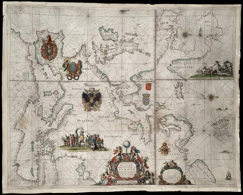 Eine handkolorierte Seekarte der Küsten Europas, von Spanien und dem Mittelmeer links bis Nowaja Semlja rechts, mit von Kompassrosen ausgehenden Linien, Wappen und einer großen Titelkartusche unten.