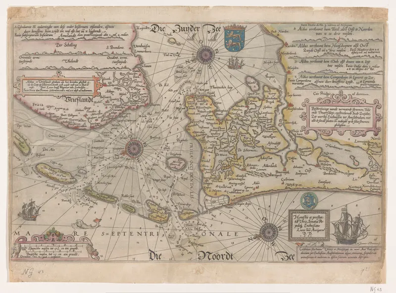Ancienne carte marine gravée et coloriée à la main : la côte de Texel à Amsterdam avec bancs de sable, roses des vents et navires ; la terre jaune au centre est la Frise-Occidentale, avec le Zuiderzee à l’est.