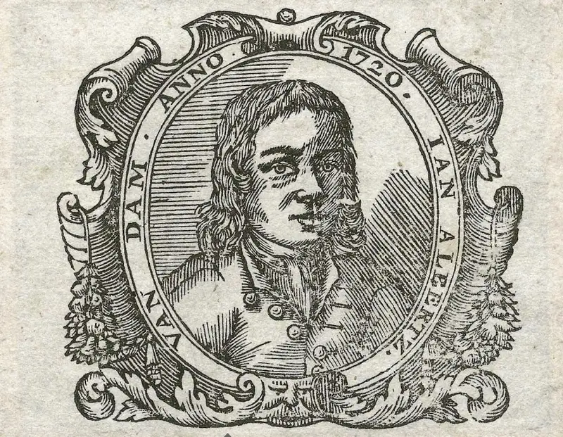 Gravure sur bois en noir et blanc d’un jeune homme aux cheveux mi-longs dans un cadre ovale ; sur le pourtour figurent les mots Van Dam, Anno 1720 et Ian Albertz.
