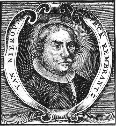 Portrait gravé d’un homme à moustache et col blanc, dans un cadre ovale entouré d’un ruban portant le nom Dirck Rembrantz van Nierop.