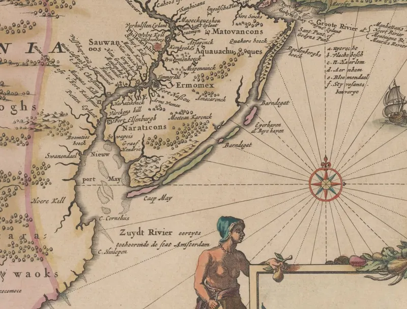 Détail d’une ancienne carte néerlandaise de la côte du Delaware, aux terres coloriées et aux eaux hachurées ; sur la rive ouest de la baie figurent les noms Swanendael et Hoere Kill, et sur la rive opposée Cape May.
