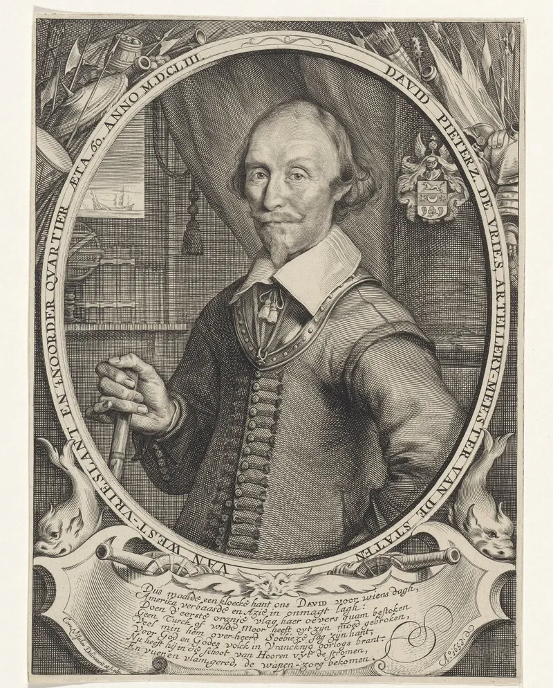 Portrait gravé de David Pietersz. de Vries : un homme âgé à la barbiche et au large col, dans un cadre ovale, avec une inscription néerlandaise et un poème en dessous.