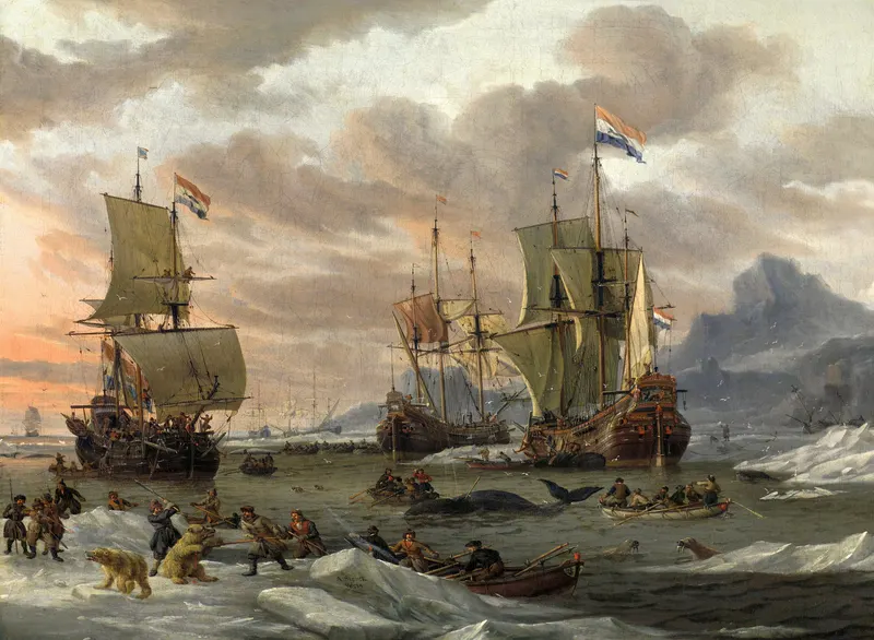 Tableau de trois voiliers néerlandais parmi les glaces arctiques ; des hommes en barques et sur la glace chassent une baleine, et à gauche, sur la banquise, se tiennent deux ours polaires.