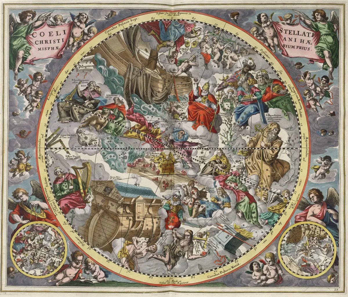 Plate 22: a hemisphere of the starry sky in which figures from the Bible replace the constellations: among them a large ship, an ark, a pope and kings, amid clouds and angels.