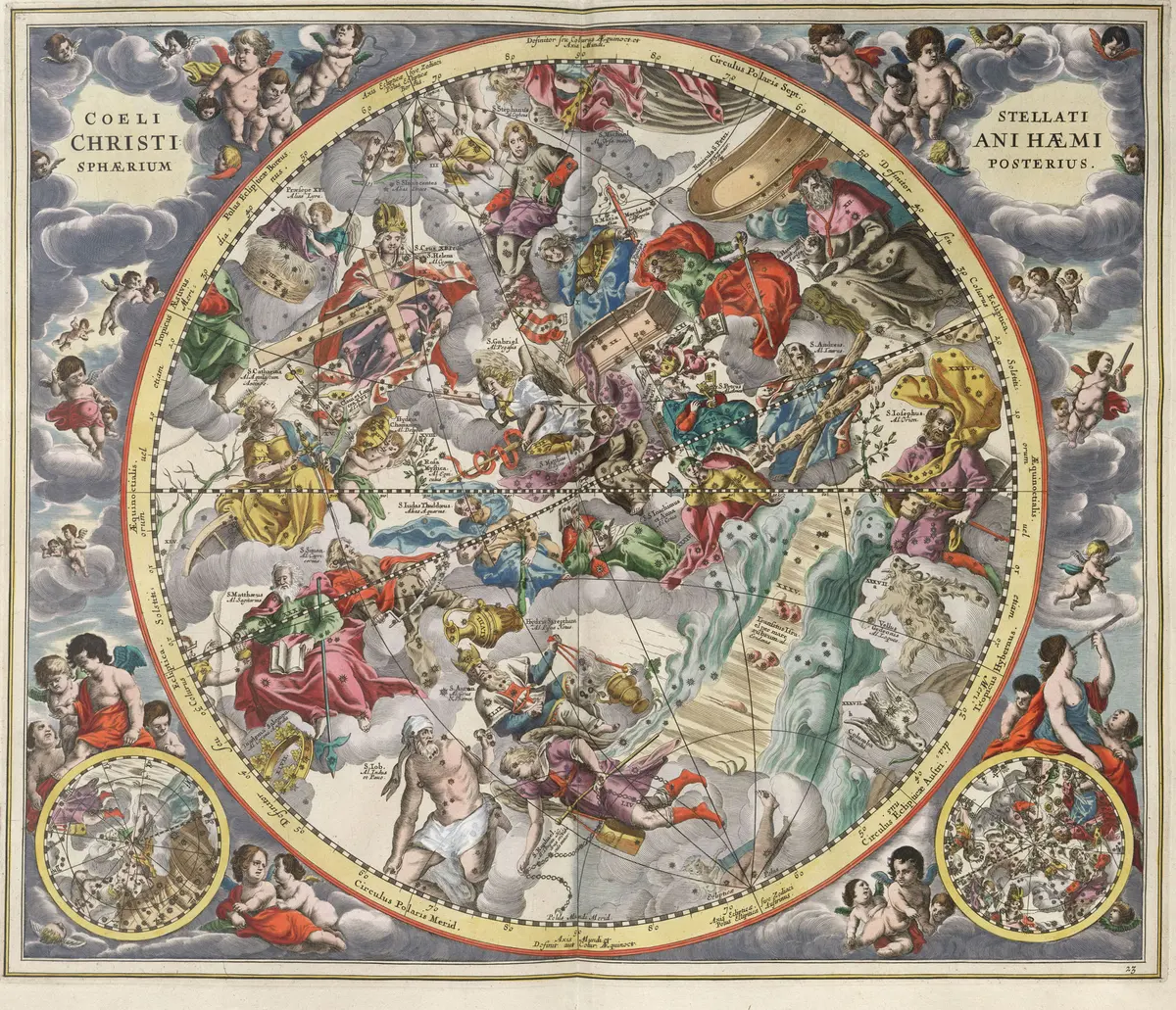 Plate 23: the second hemisphere of the Christian starry sky, with apostles, saints and angels amid clouds; a large cross beam, a curtain of water and two small sky charts at the bottom.