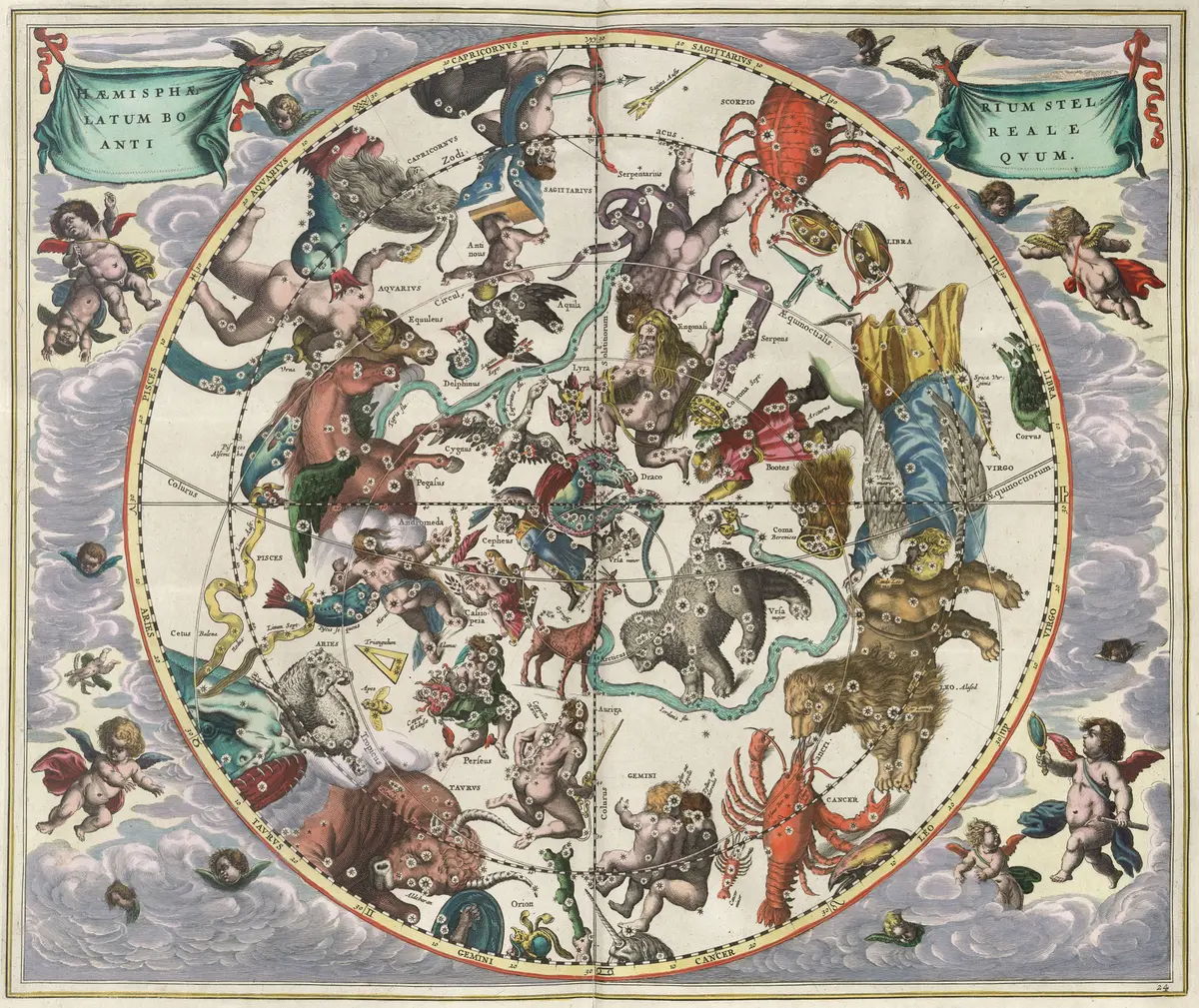 Plate 24: the northern sky as a circular chart with the classical constellations drawn as colored figures, among them the Great Bear, the Lion, the Crab and Andromeda, against a background of clouds.