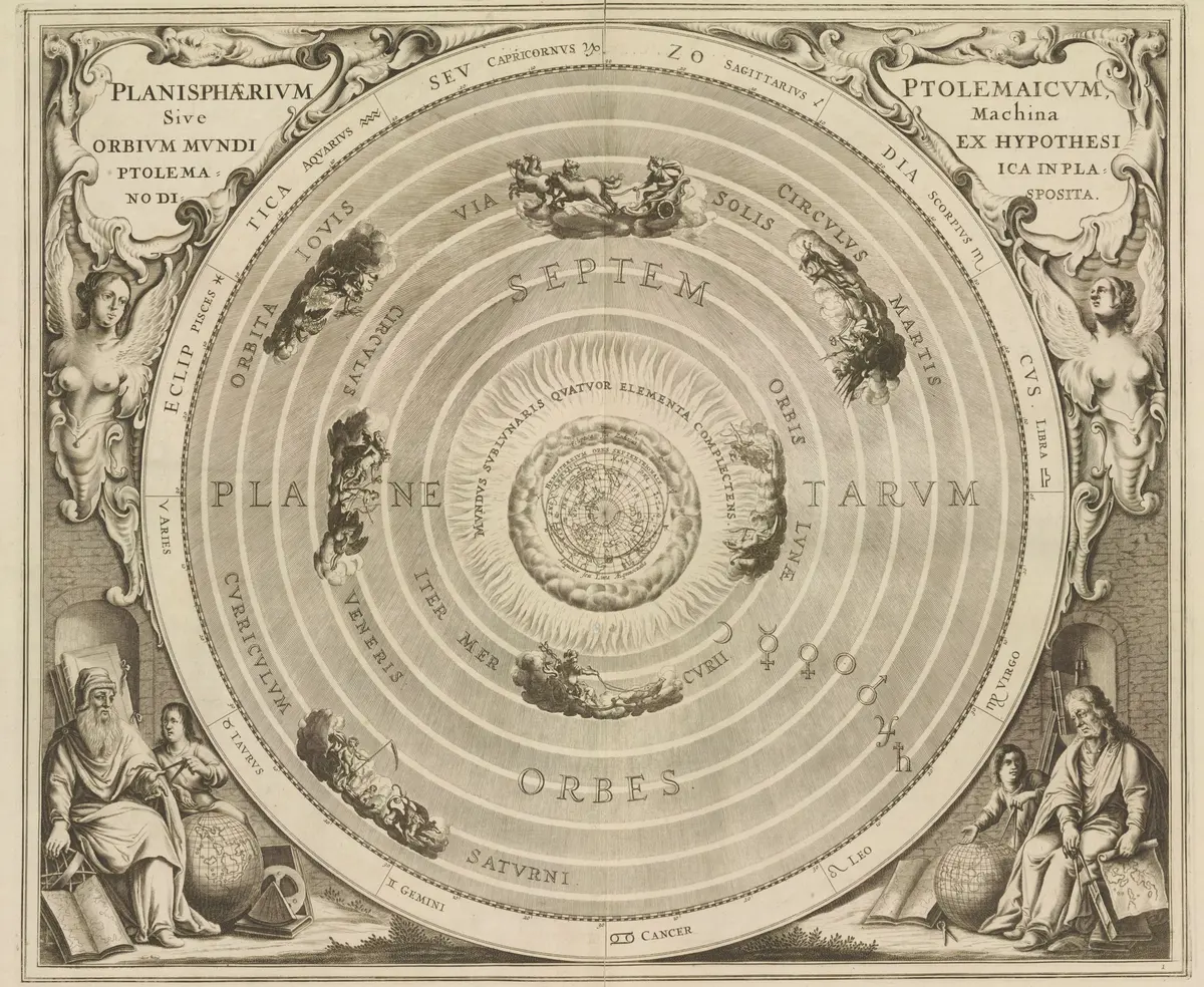 Plate 1: a round diagram of the universe according to Ptolemy. The Earth is at the center, surrounded by rings for the planets and by the zodiac; at lower left and at lower right sits a figure, each with globes and instruments.