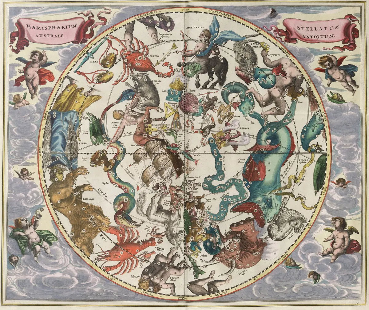 Plate 27: the southern sky as a circular chart with constellations as colored figures, among them a ship, a whale, a centaur and a large fish, against a background of clouds.