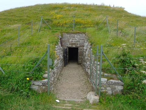 The entrance to Maeshowe: a narrow stone-lined passage with gravel on the floor between stone walls, an open gate at the side, and above it the grassy slope of the mound with yellow flowers.