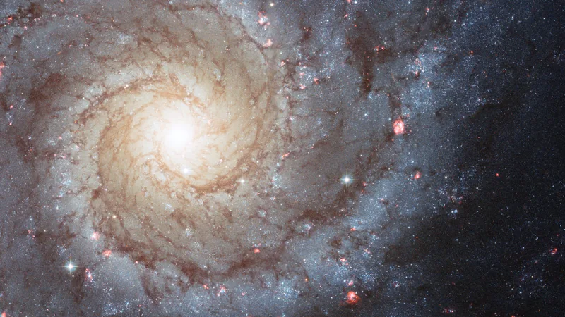 The spiral galaxy M74 seen face-on: symmetrical spiral arms with blue star clusters and pink gas clouds.