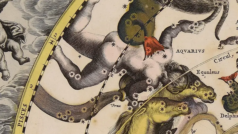 Eine kopfüber gezeichnete Männergestalt mit einem Krug, das Sternbild Wassermann; unter ihm ein gelbes Pferd.