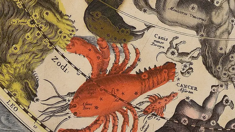 Ein großer roter Hummer mit Sternen auf dem Körper, daneben ein kleiner Hummer; links ein gelbes Löwenfell und rechts die Aufschrift Cancer.