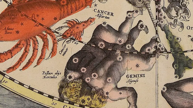 Deux figures d'enfants entrelacées, avec des étoiles sur le corps, la constellation des Gémeaux ; à gauche, un homard rouge.