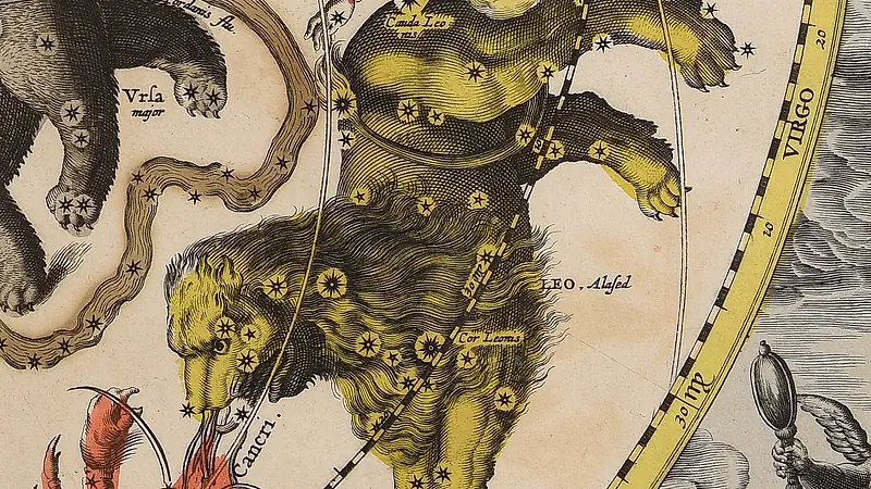 Ein gelber Löwe mit Sternen am ganzen Körper und erhobener Pfote; an seiner Brust die Aufschrift Cor Leonis, das Herz des Löwen.