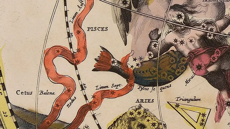 Ein Fisch an einem roten Band, das sich nach oben windet, das Sternbild Fische; rechts eine Gestalt, Andromeda.