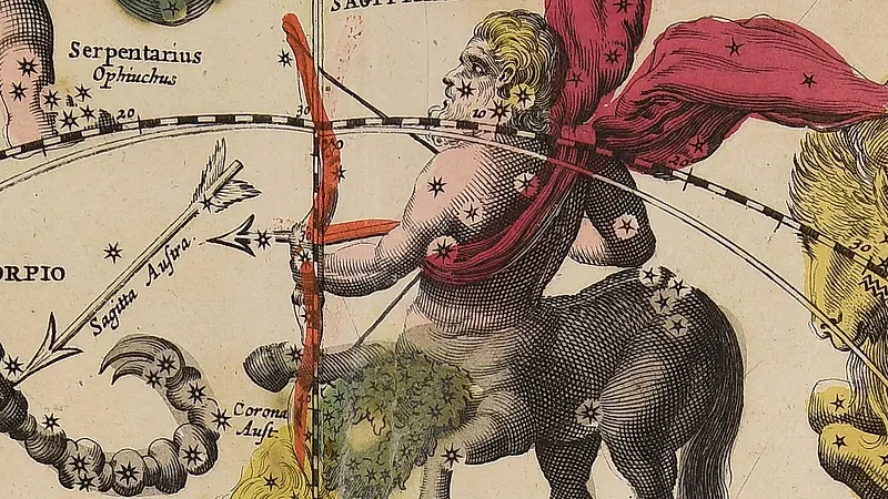 Ein Zentaur in rotem Umhang, der einen Bogen spannt, das Sternbild Schütze; links ein Pfeil.