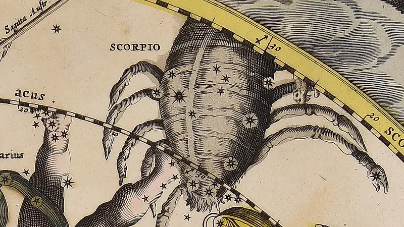 Un scorpion gris avec des étoiles sur la carapace et les pattes écartées, sous l'inscription Scorpio.
