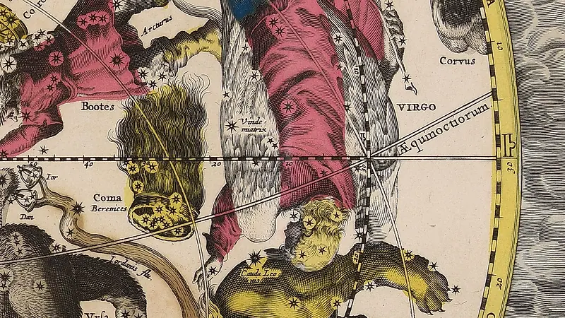 Une figure ailée dessinée à l'envers, vêtue d'une longue robe rose, la constellation de la Vierge ; à gauche, Boötes et Coma Berenices.
