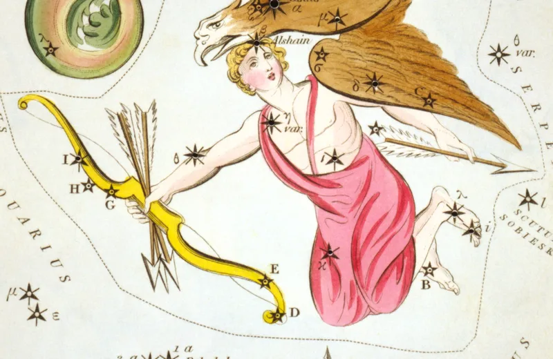 Antinous with bow and arrows below the Eagle, detail from card 13 of Urania's Mirror (1825)