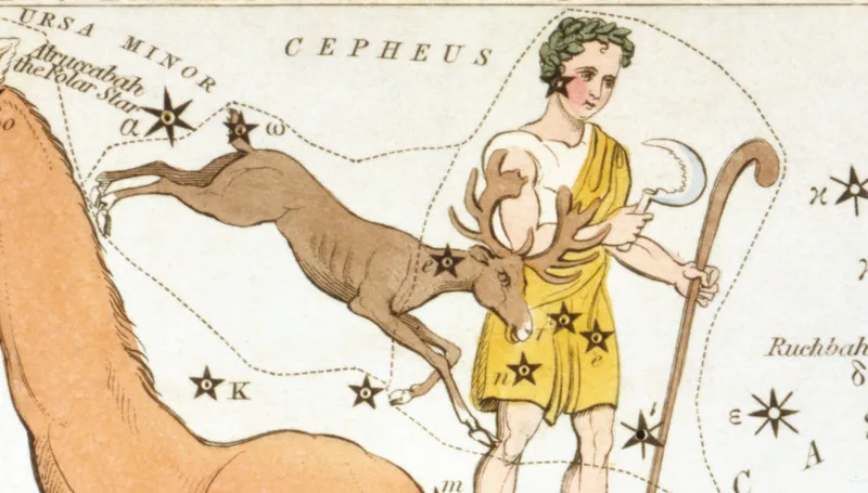 Der Erntewächter (Custos Messium) und das Rentier (Tarandus), Ausschnitt aus Karte 2 von Urania's Mirror (1825)